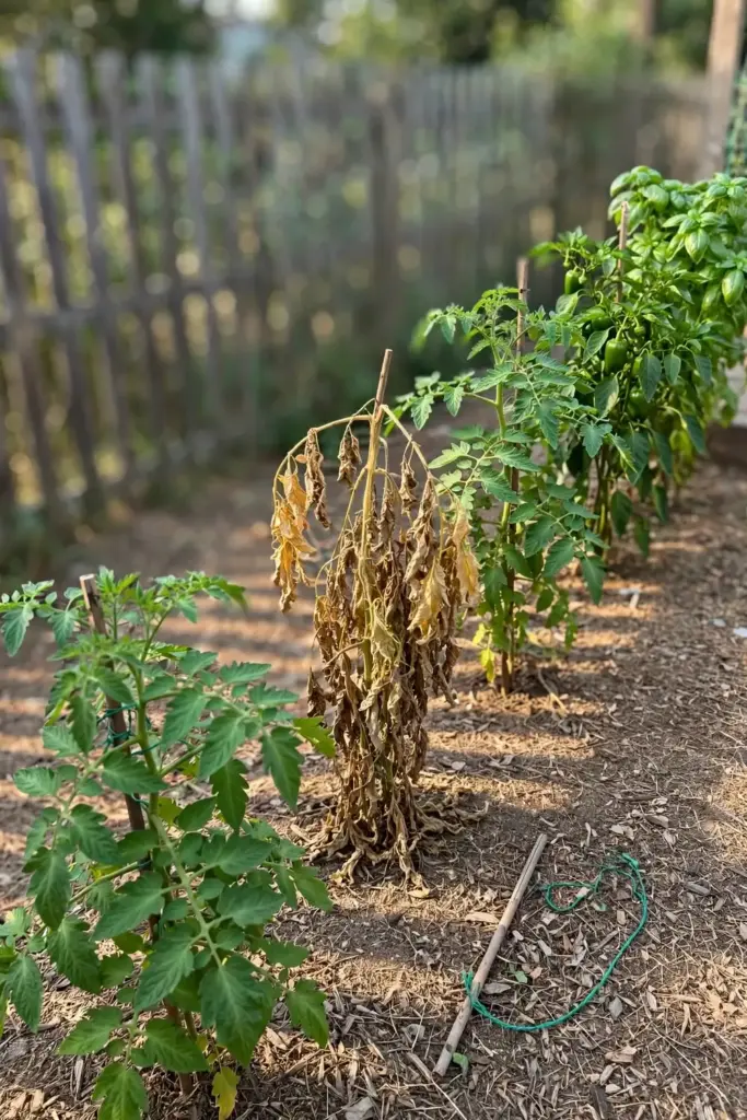 Row of tomato plants with one collapsed from Fusarium among healthy ones.