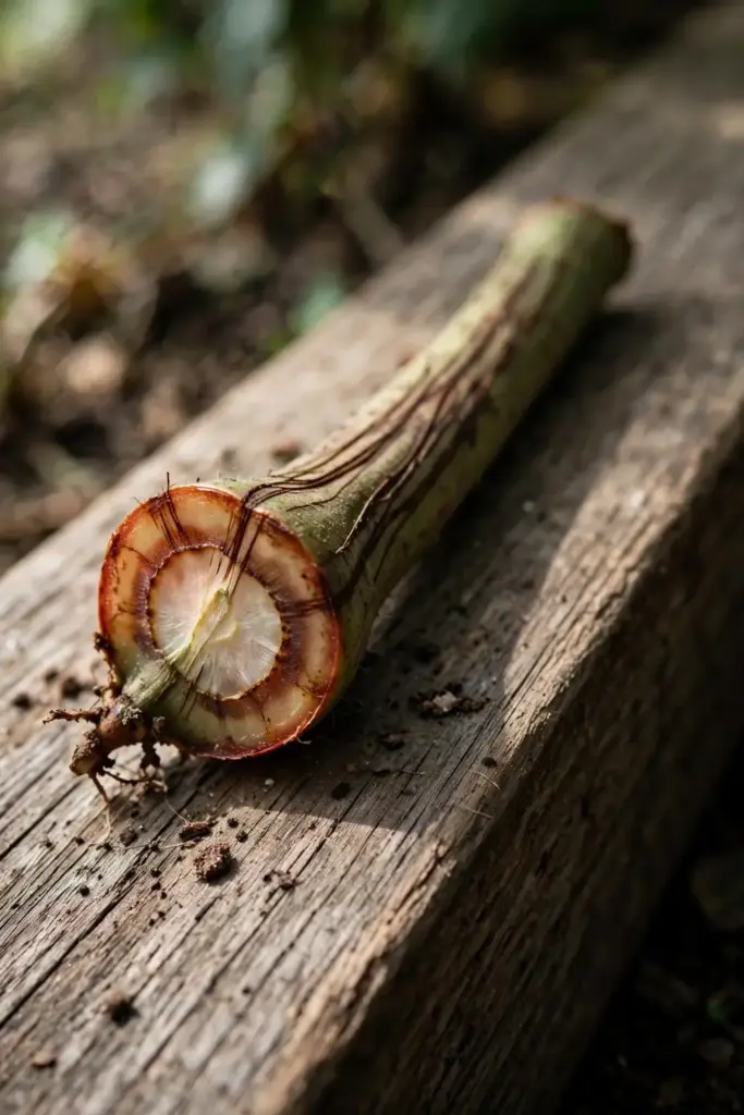 Cross-section of tomato stem showing the brown vascular ring of Fusarium.