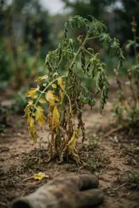 Tomato plant wilting one-sided from Fusarium with yellowed leaves and brown stem base