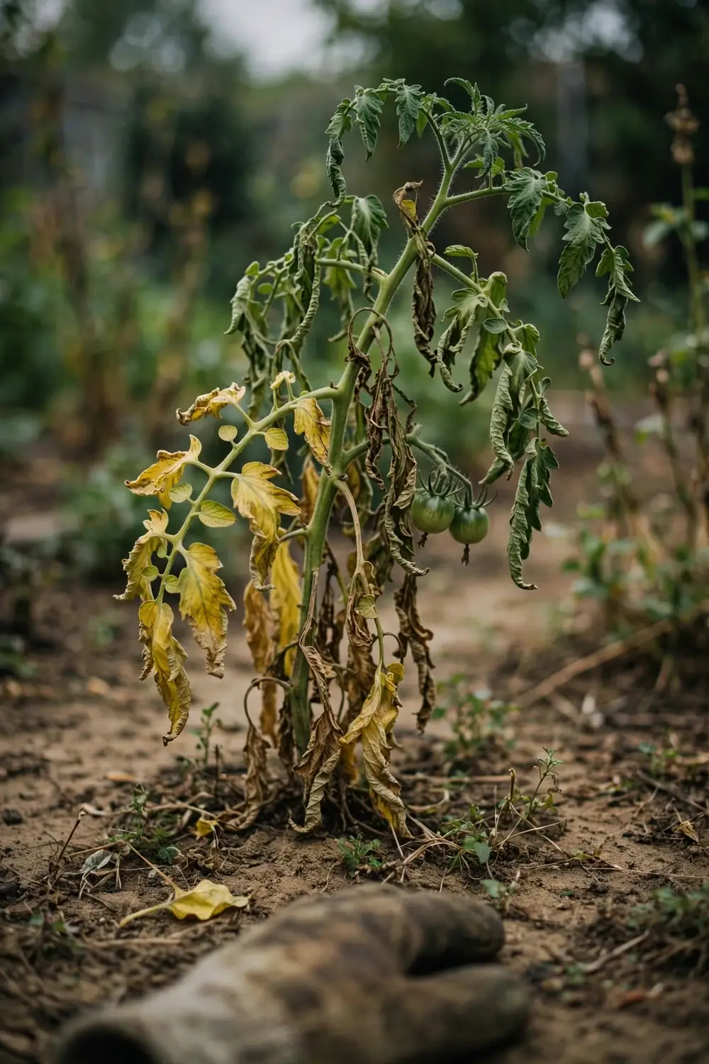 Tomato plant wilting one-sided from Fusarium with yellowed leaves and brown stem base