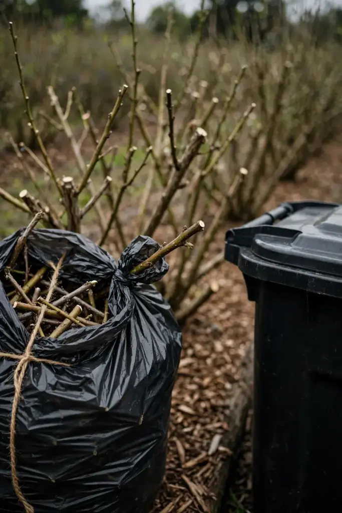 Bagged blueberry prunings beside a bin at the row end.