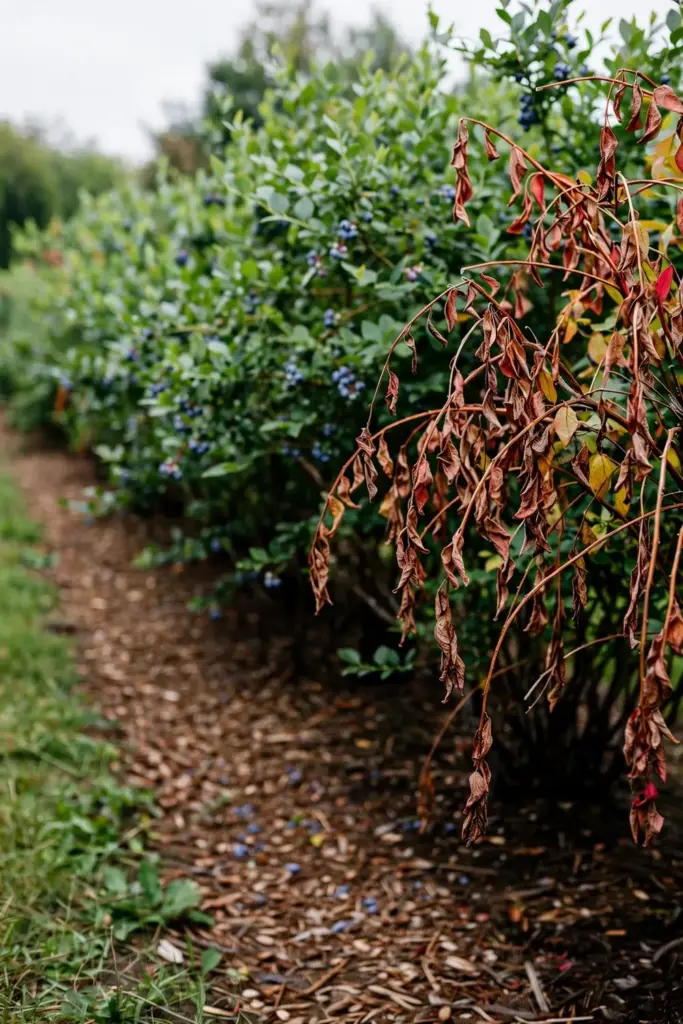 Blueberry row with one bush flagging while neighboring bushes stay green.