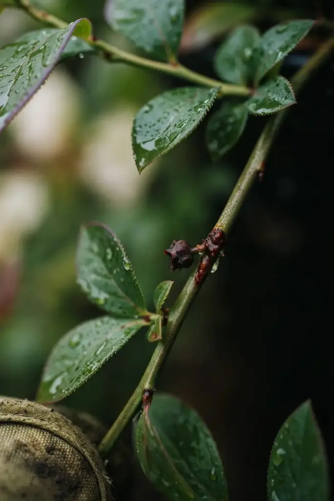 Young blueberry cane with a canker at a leaf scar, steadied by a worn garden mitt.