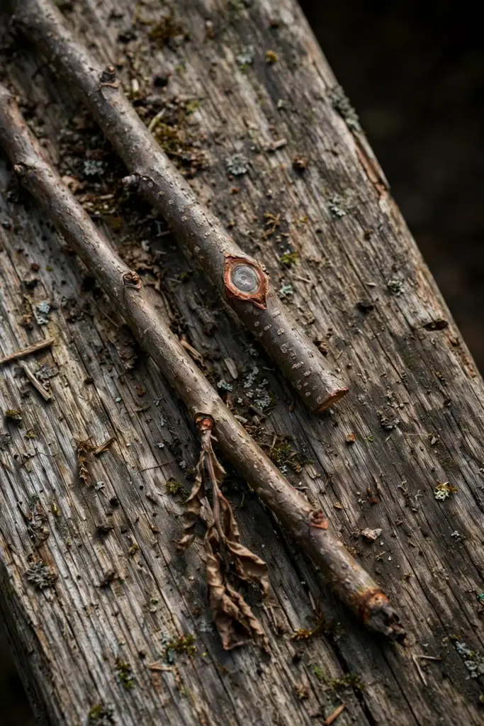 Two blueberry cane samples compared on a timber board.