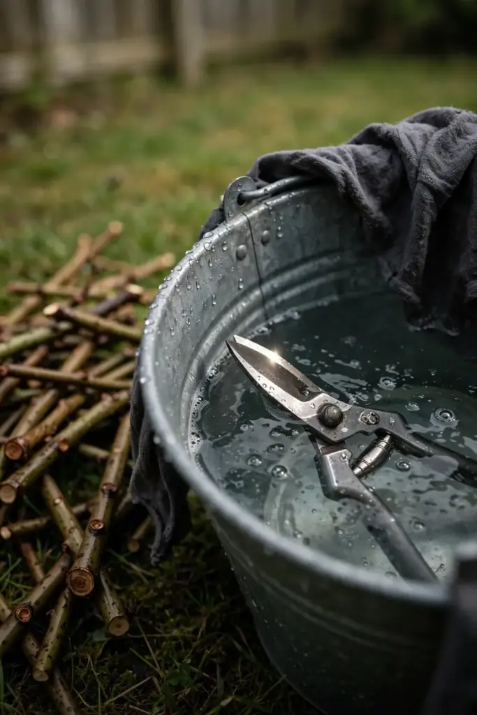 Pruning shears soaking in disinfectant in a metal bucket.