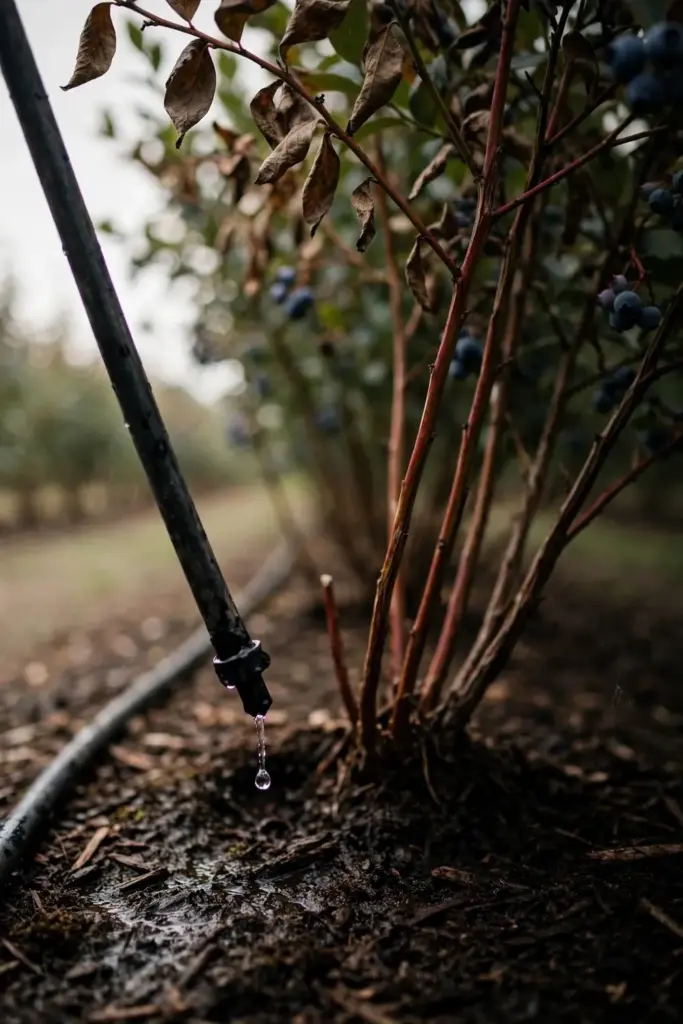 Drip line watering the base of a blueberry bush with dry foliage above.