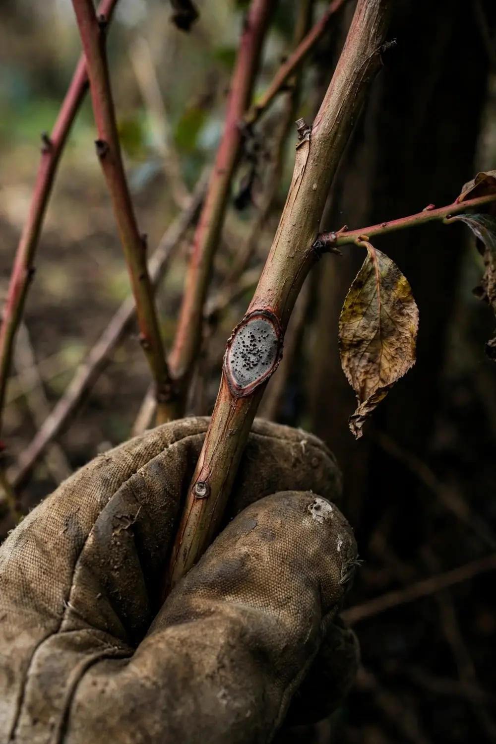 Blueberry cane with a bull's-eye canker, steadied by a worn garden mitt
