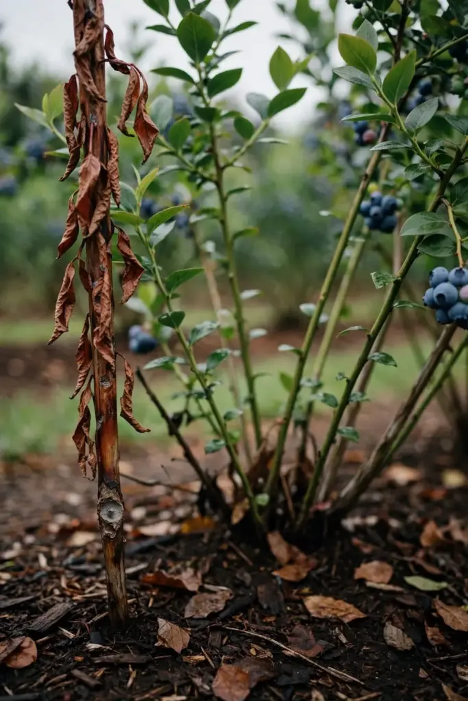 Blueberry bush with one flagged cane of reddish-brown leaves beside healthy canes.