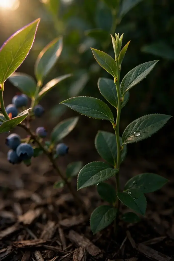 Healthy blueberry foliage with new cane growth over mulch.
