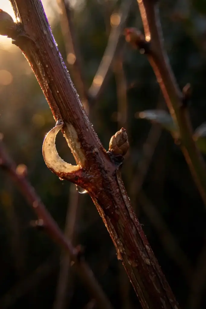 Fresh leaf scar with a reddish-brown lesion on a blueberry cane.