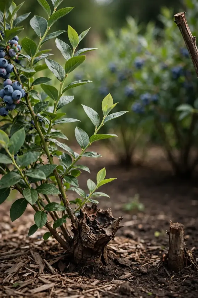 Blueberry bush living with a crown canker, fruiting on healthy canes.