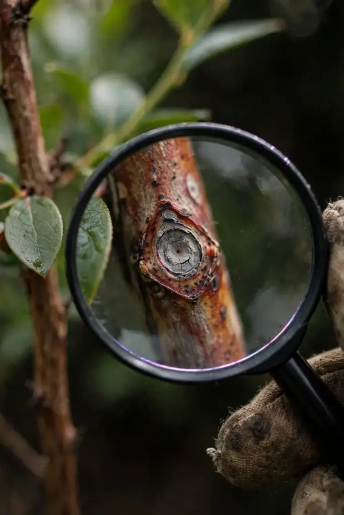 Magnifying glass over a blueberry cane canker, held by a worn garden mitt.