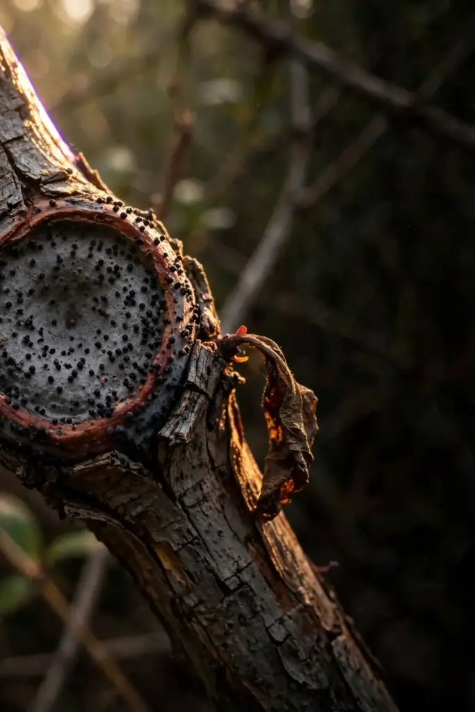 Mature blueberry canker dotted with dark pycnidia.