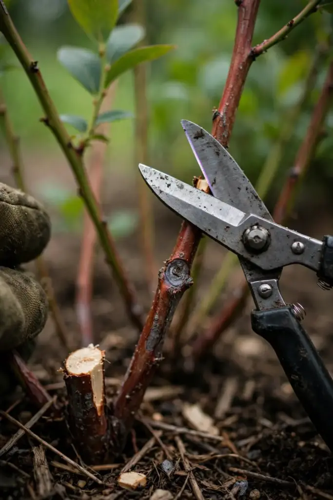 Shears cutting an infected blueberry cane at ground level, steadied by a worn garden mitt.