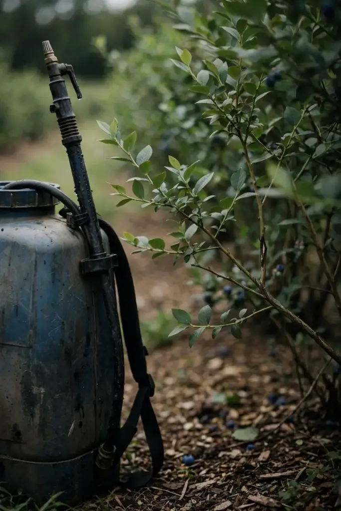 Backpack sprayer standing beside a blueberry bush.