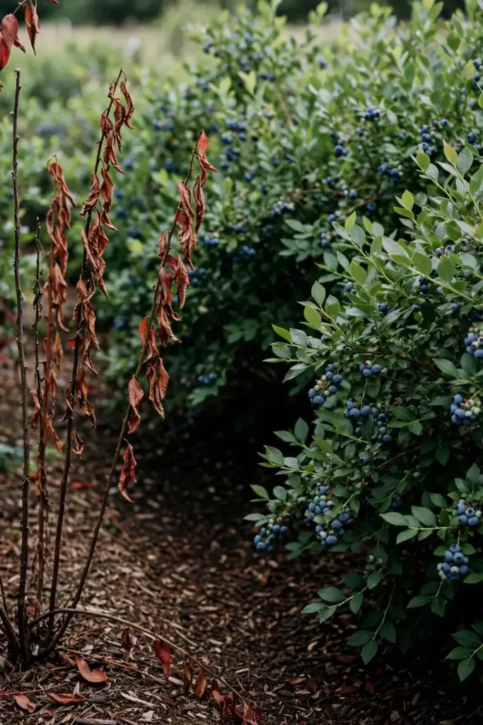 Blueberry bush with several flagged canes beside a healthy bush.
