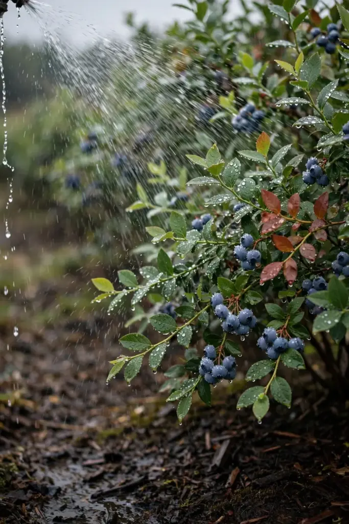Blueberry bush under overhead watering with wet foliage and droplets.