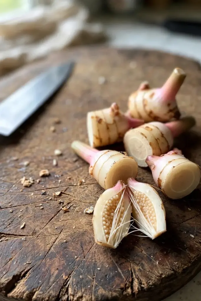 Cut galangal rhizome pieces with visible buds on a wooden cutting board