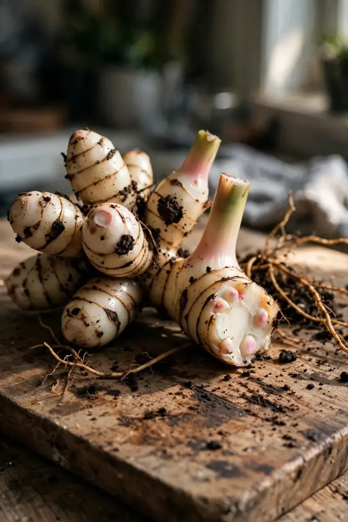 Freshly dug galangal rhizome clusters with soil still clinging on a wooden board