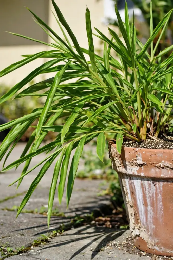 Galangal growing in a large terracotta pot on a sunny patio