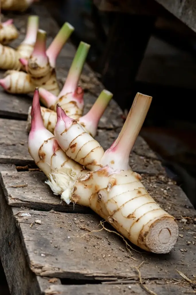Pale knobbly galangal rhizome clusters with pinkish eyes on a wooden market table