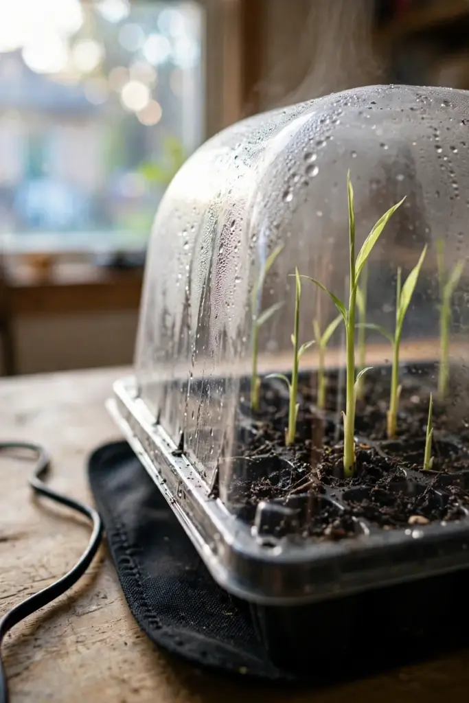 Galangal shoots sprouting in a seedling tray on a heat mat indoors