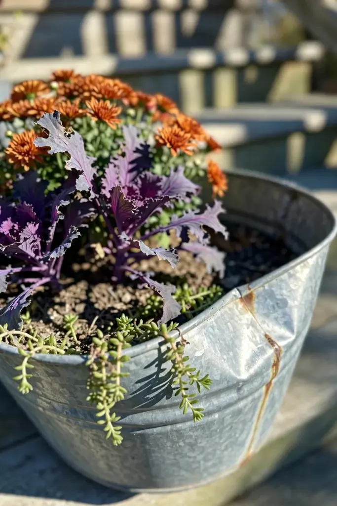 Galvanized tub planted with mums, kale, and trailing sedum