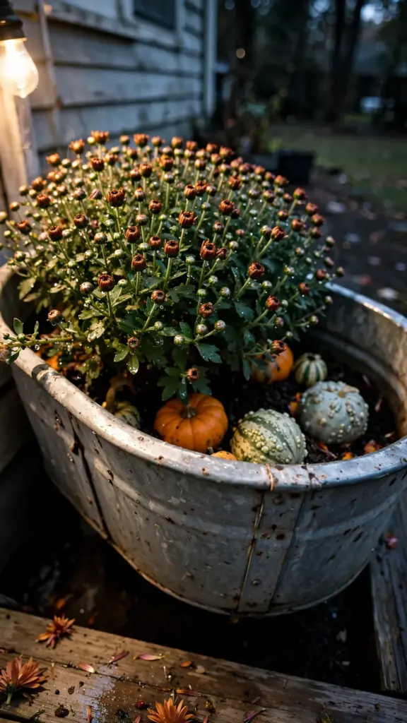 Galvanized tub planted with bronze mums in bud and mini pumpkins tucked between