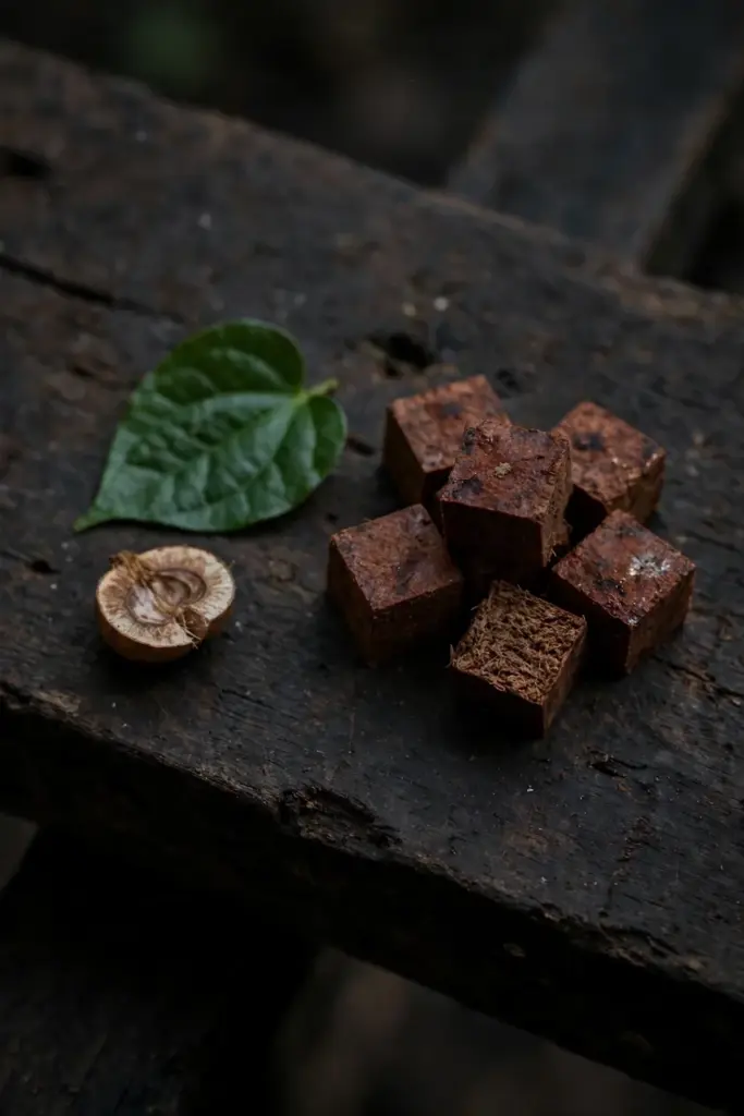Gambier cubes beside betel leaf and areca nut on a dark board