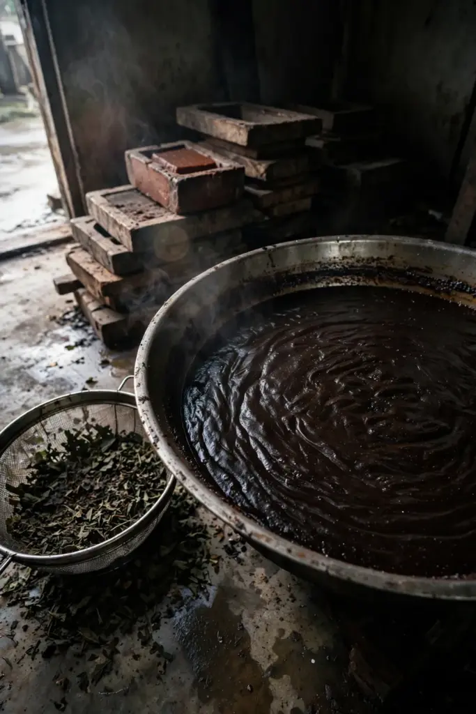 Gambier extract thickening in a wide pan at a small factory