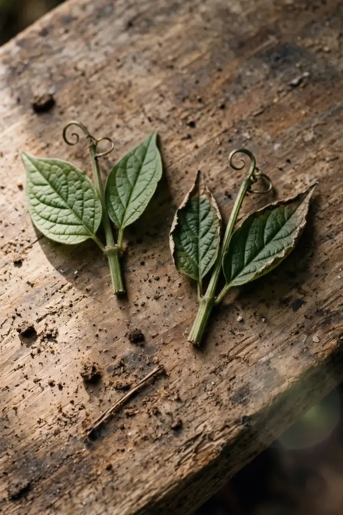 Two similar Uncaria vine tips with oval leaves side by side