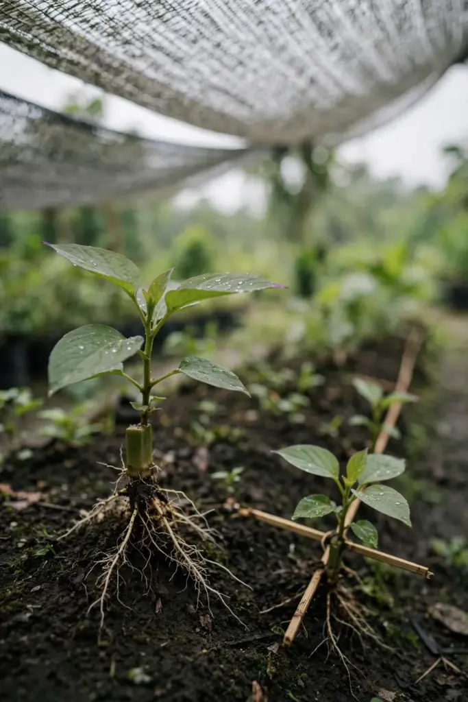 Gambir cuttings rooting in moist soil in a shaded nursery row