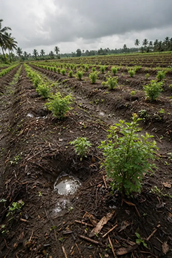Young gambir plants in wide field rows with open holes