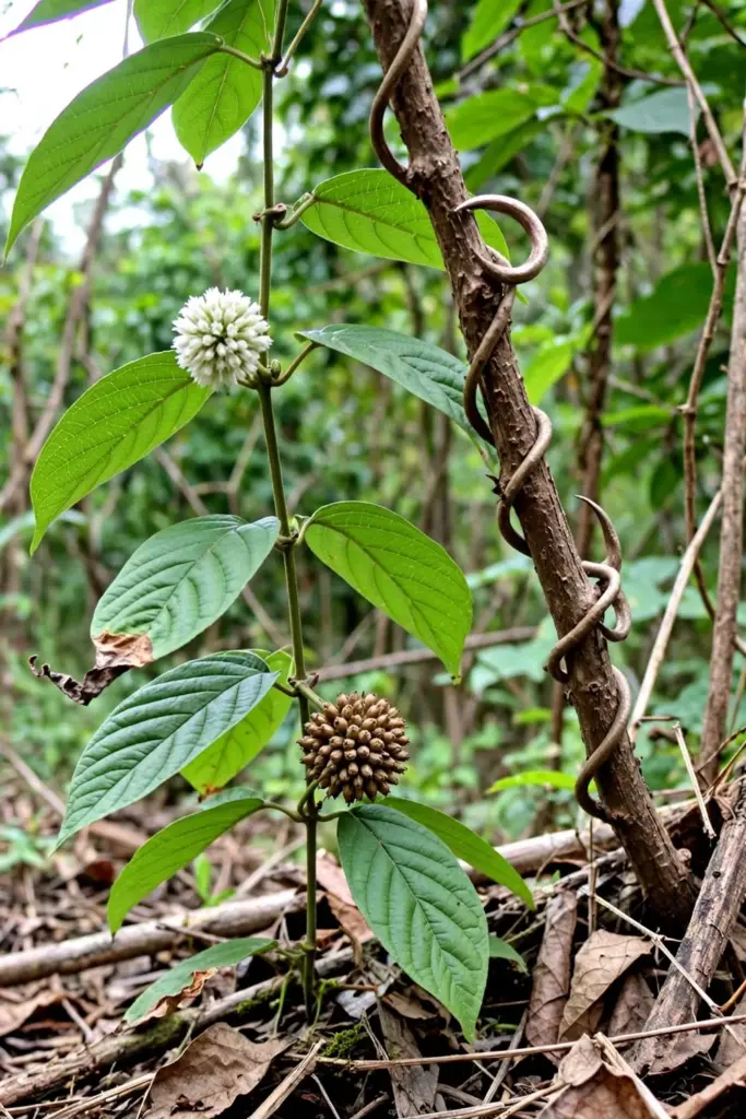 Gambir vine showing hooked stems, square stems, and oval leaves
