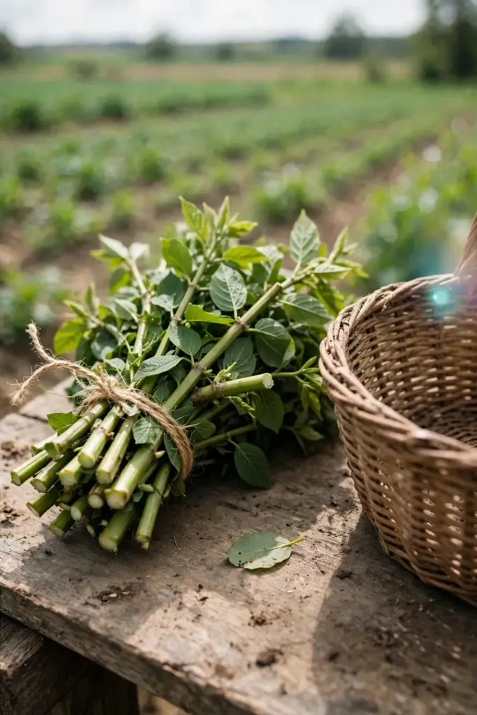 Freshly cut gambir shoots bundled beside a woven basket