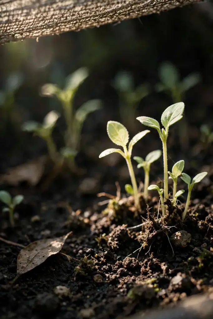 Tiny gambir seedlings rising in a shaded seed bed