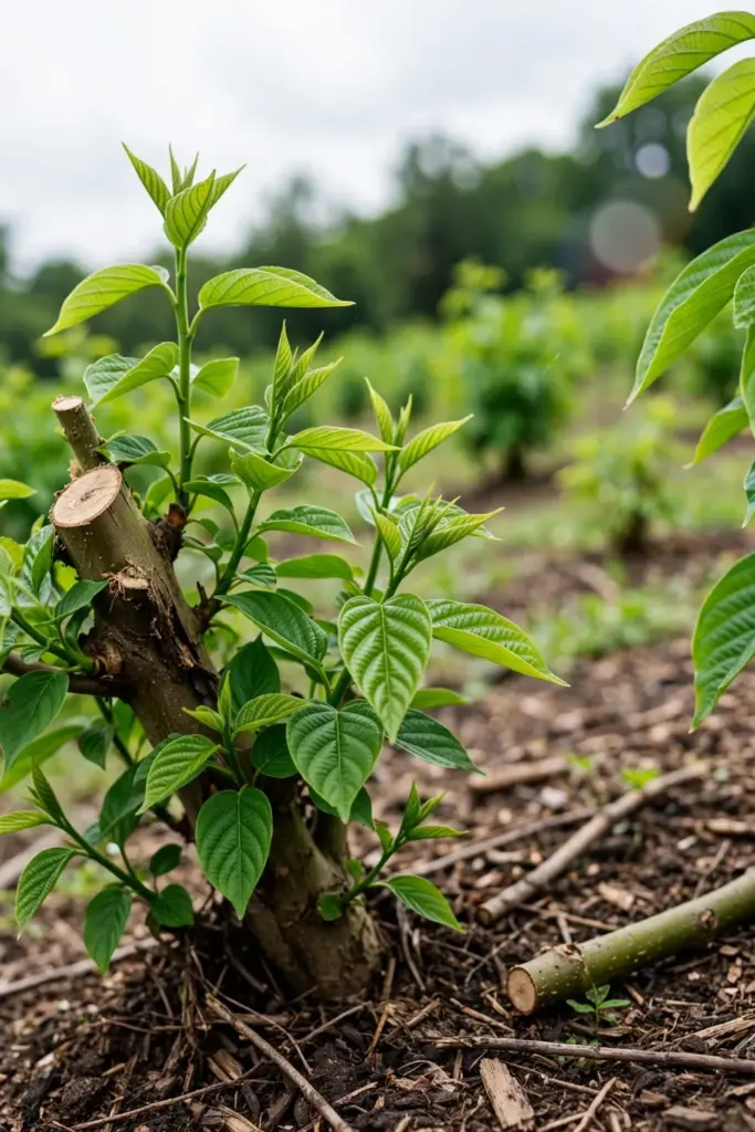 Topped gambir bush with fresh shoots rising after cutting