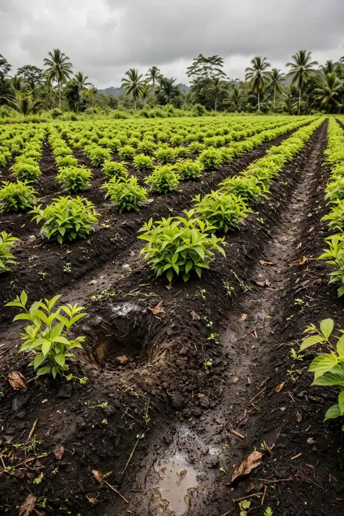 Open gambir field rows under a bright overcast tropical sky