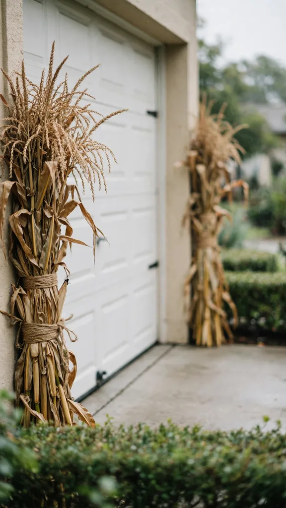 Corn stalk bundles framing both sides of a garage door