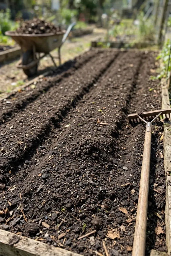 Garden bed loosened and amended with compost for bean planting