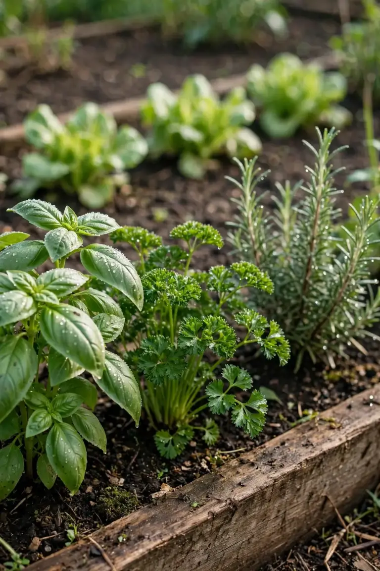 Herb plants along a garden bed edge in morning sun