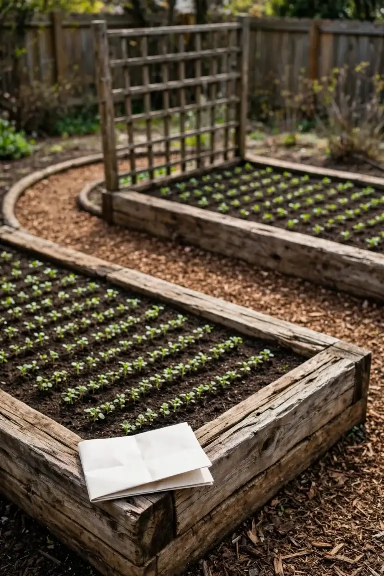 Finished garden beds beside the paper plan that laid them out