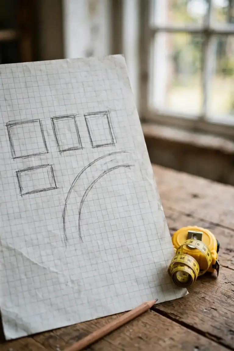 Paper garden plan, tape measure, and pencil on a wooden table beside a window