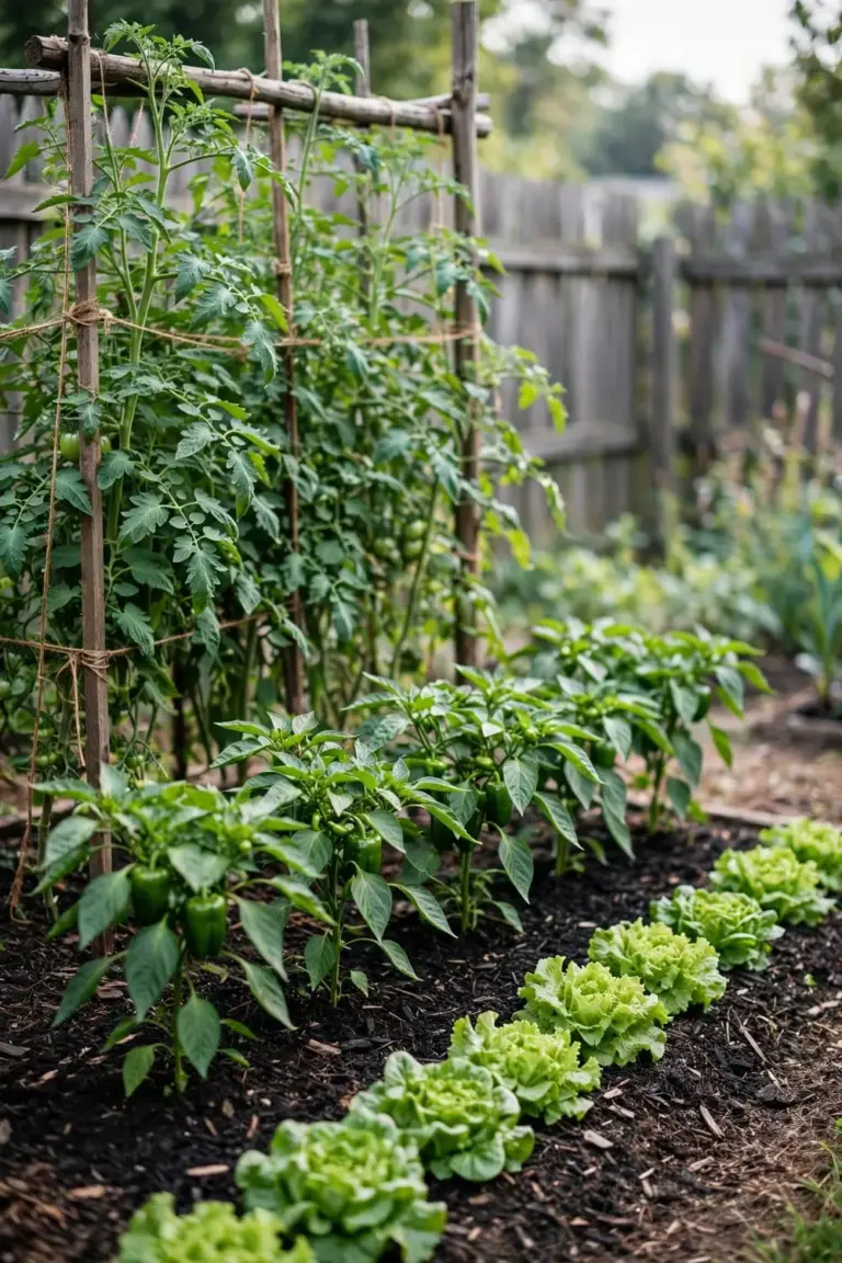 Garden bed with tall tomato plants at the back and short lettuce at the front