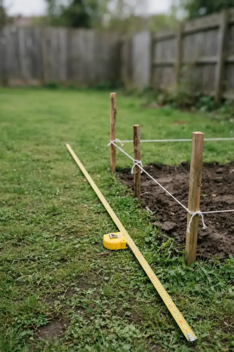 Tape measure stretched across a yard with stakes and string marking bed edges