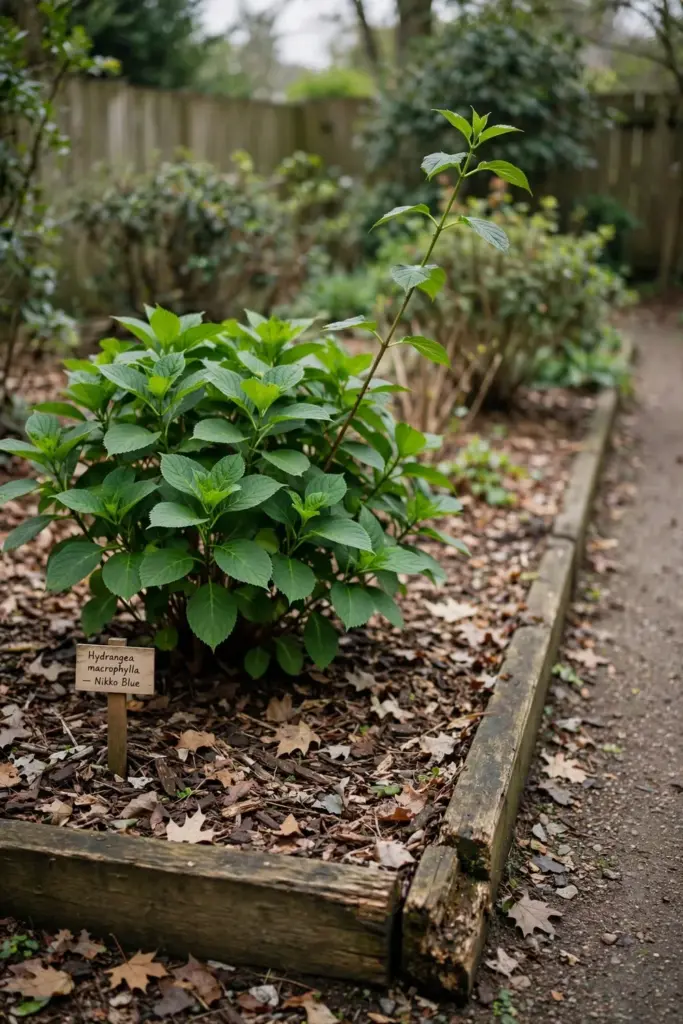 Garden bed with a named shrub and a timber edge in flat daylight