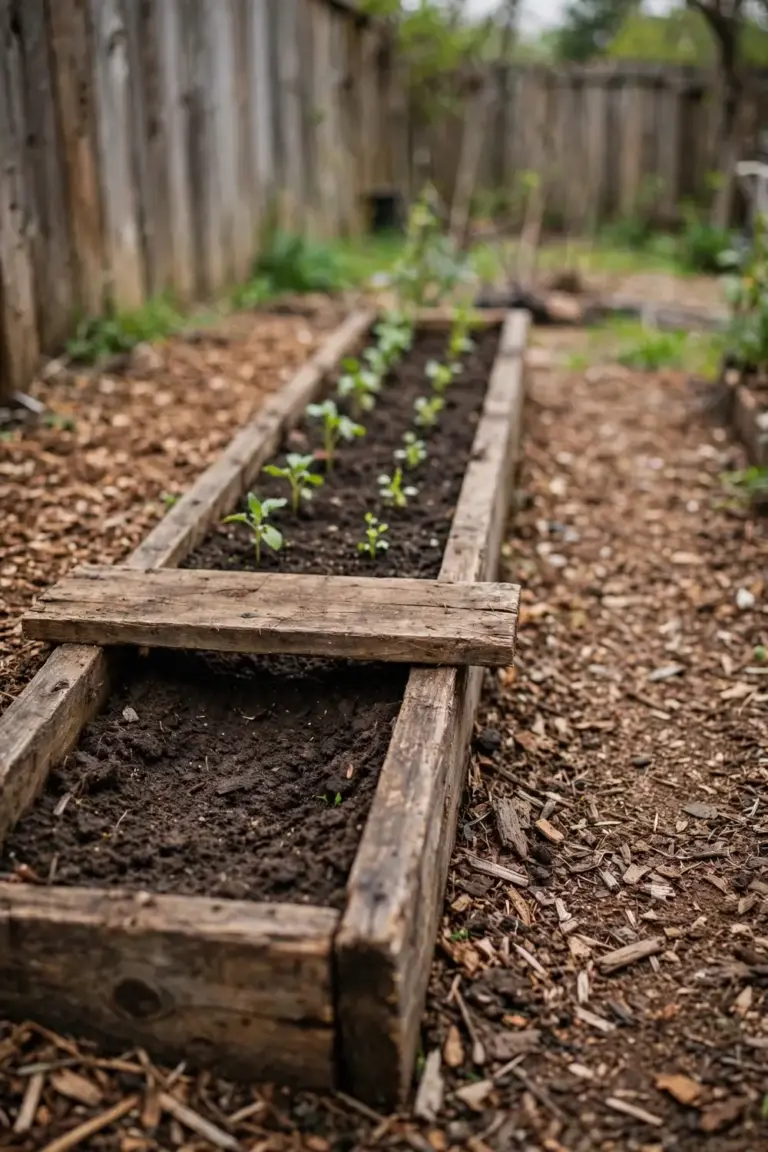 Narrow garden bed with a timber board laid across its width as a reach marker