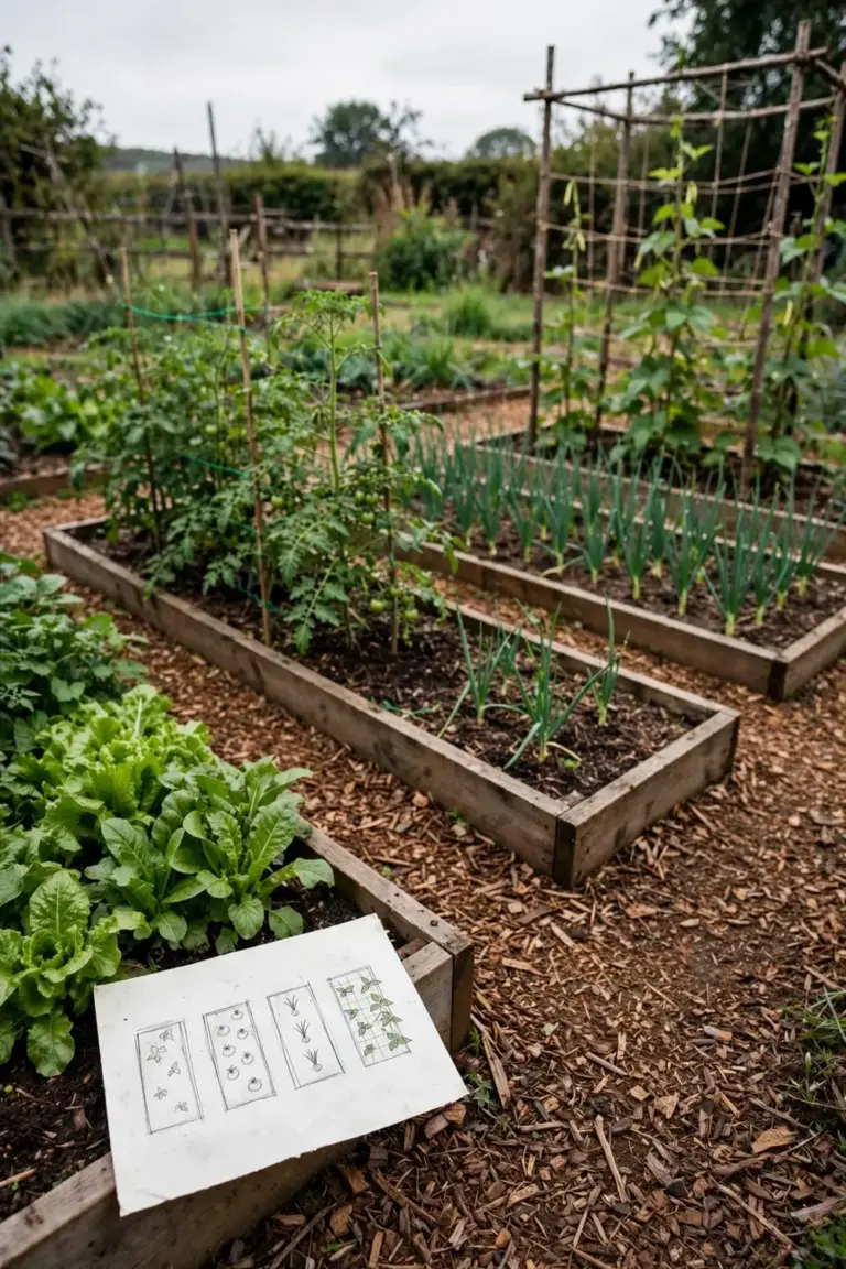 Four garden beds with different crops and a hand-drawn planting map on paper