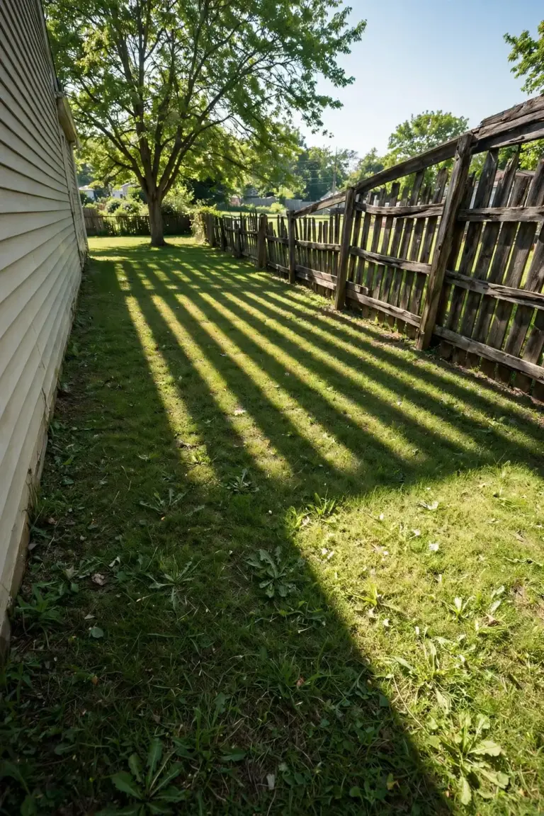 Backyard in morning light with long fence shadows and a sunlit patch on the lawn