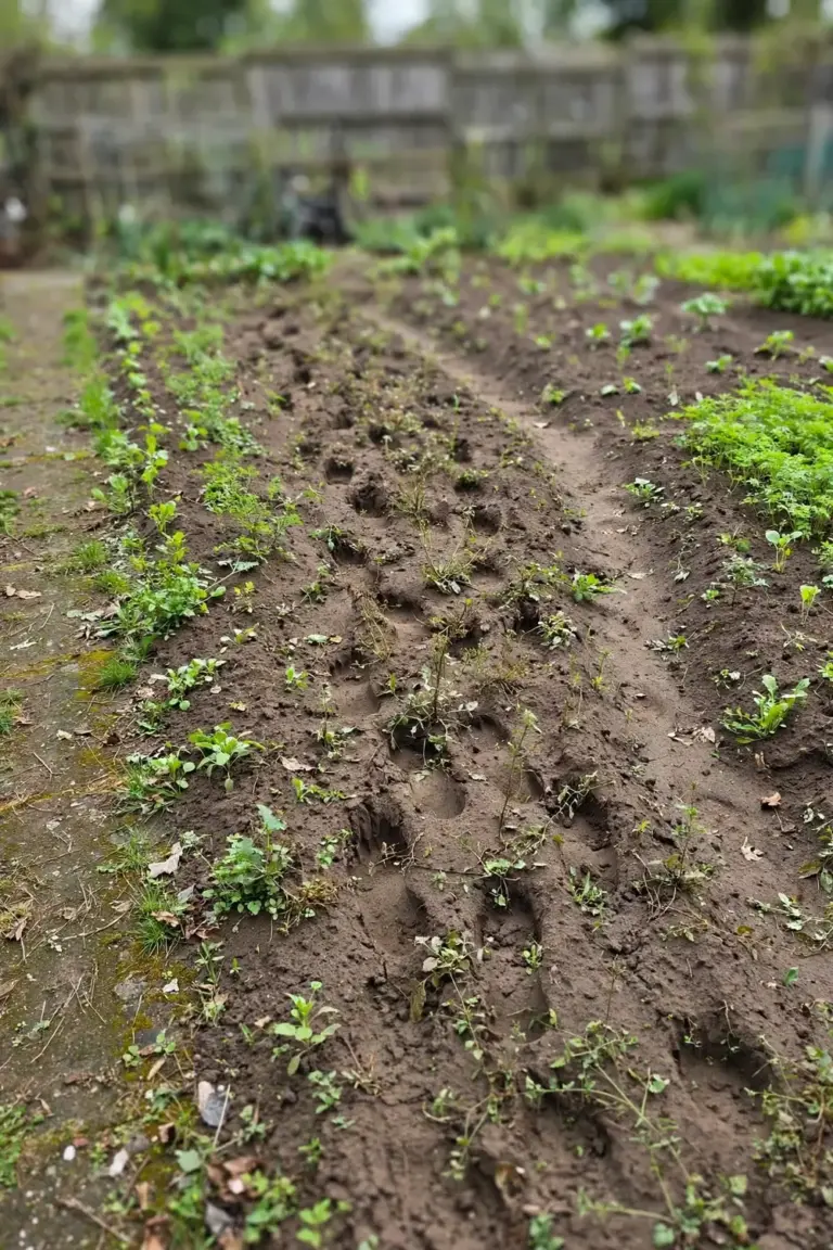Overwide garden bed with a trampled compacted strip down the middle